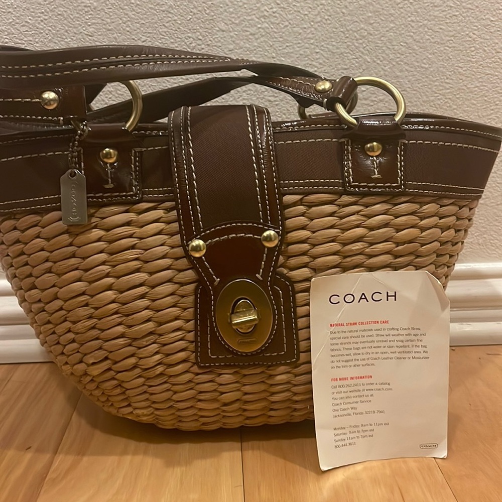 Coach Tan Straw Basket Tote Bag w/Brown Leather